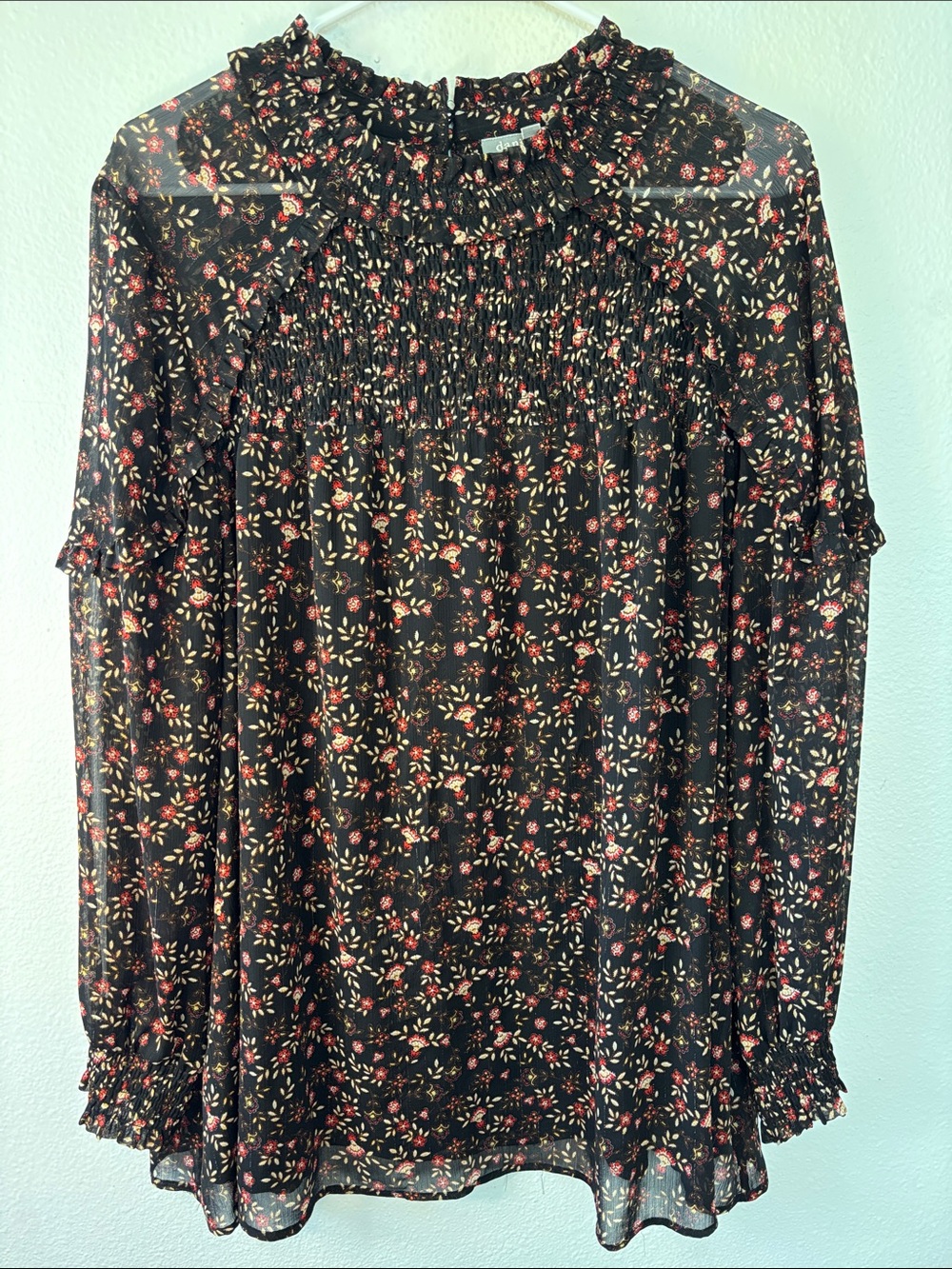 Daniel Rainn Black Floral Smocked Yoke Long Sleeve Blouse with Pink Accents